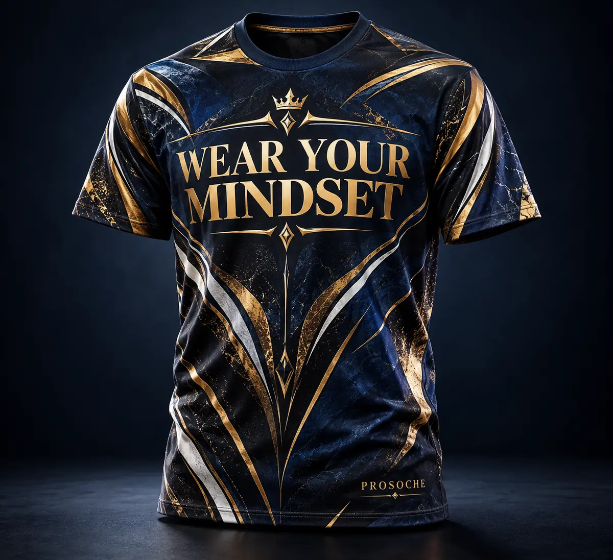 PROSOCHE Wear Your Mindset navy, black and gold all-over-print shirt
